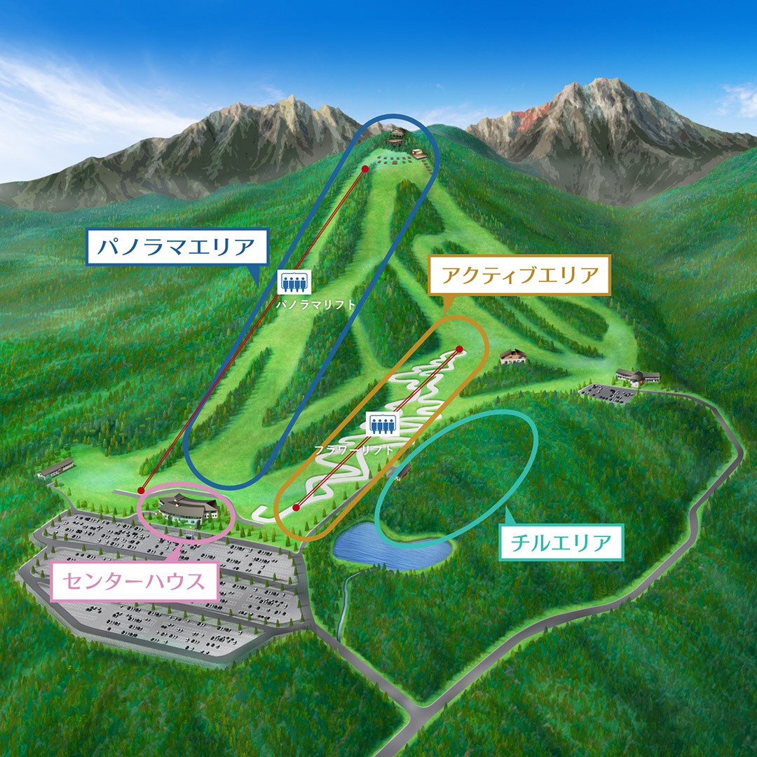 ４つのコンセプトエリアからなるサンメドウズ清里の全体マップ